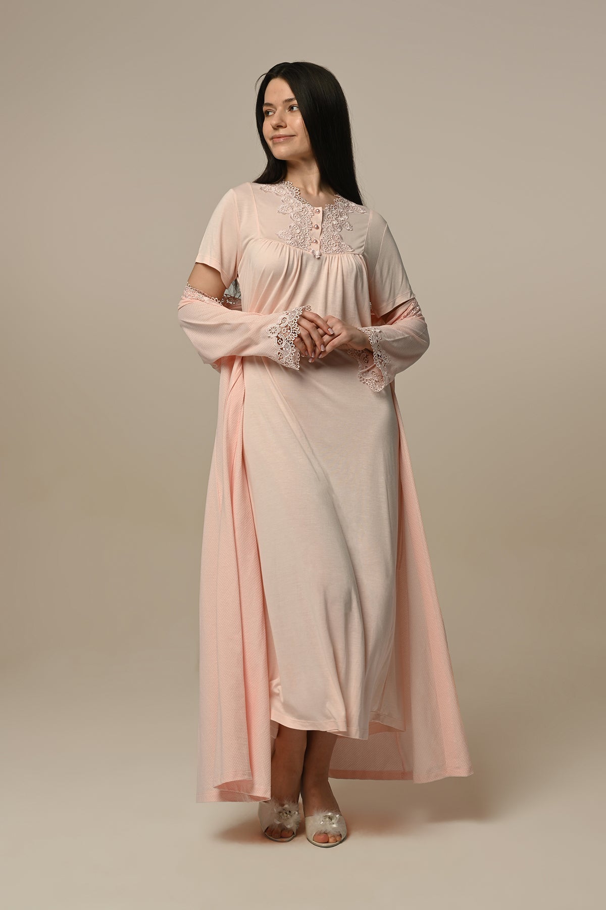 Lace Embroidered Maternity & Nursing Nightgown With Robe Powder - 24509