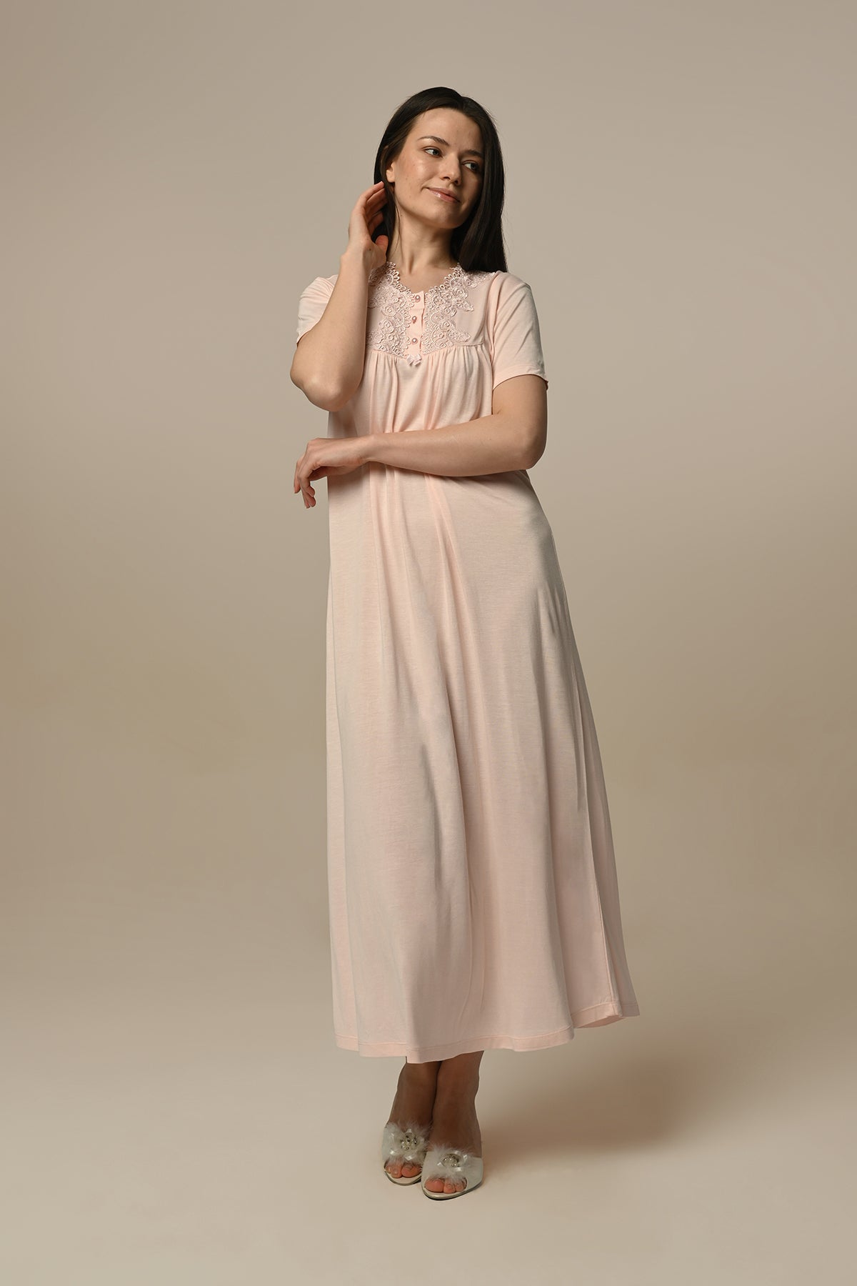 Lace Embroidered Maternity & Nursing Nightgown With Robe Powder - 24509