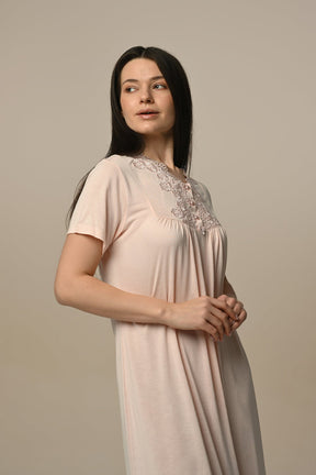 Lace Embroidered Maternity & Nursing Nightgown With Robe Powder - 24509