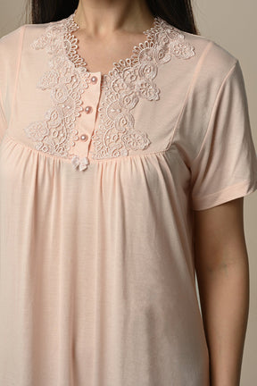 Lace Embroidered Maternity & Nursing Nightgown With Robe Powder - 24509