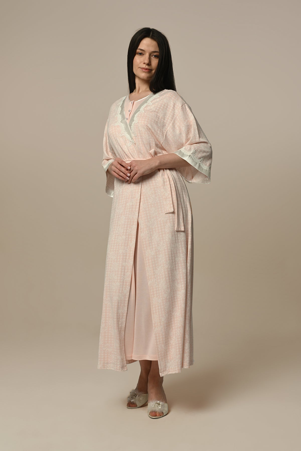 Lace Maternity & Nursing Nightgown With Jacquard Robe Powder - 24515