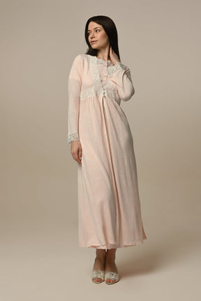 Lace Embroidered Maternity & Nursing Nightgown With Jacquard Robe Powder - 24516