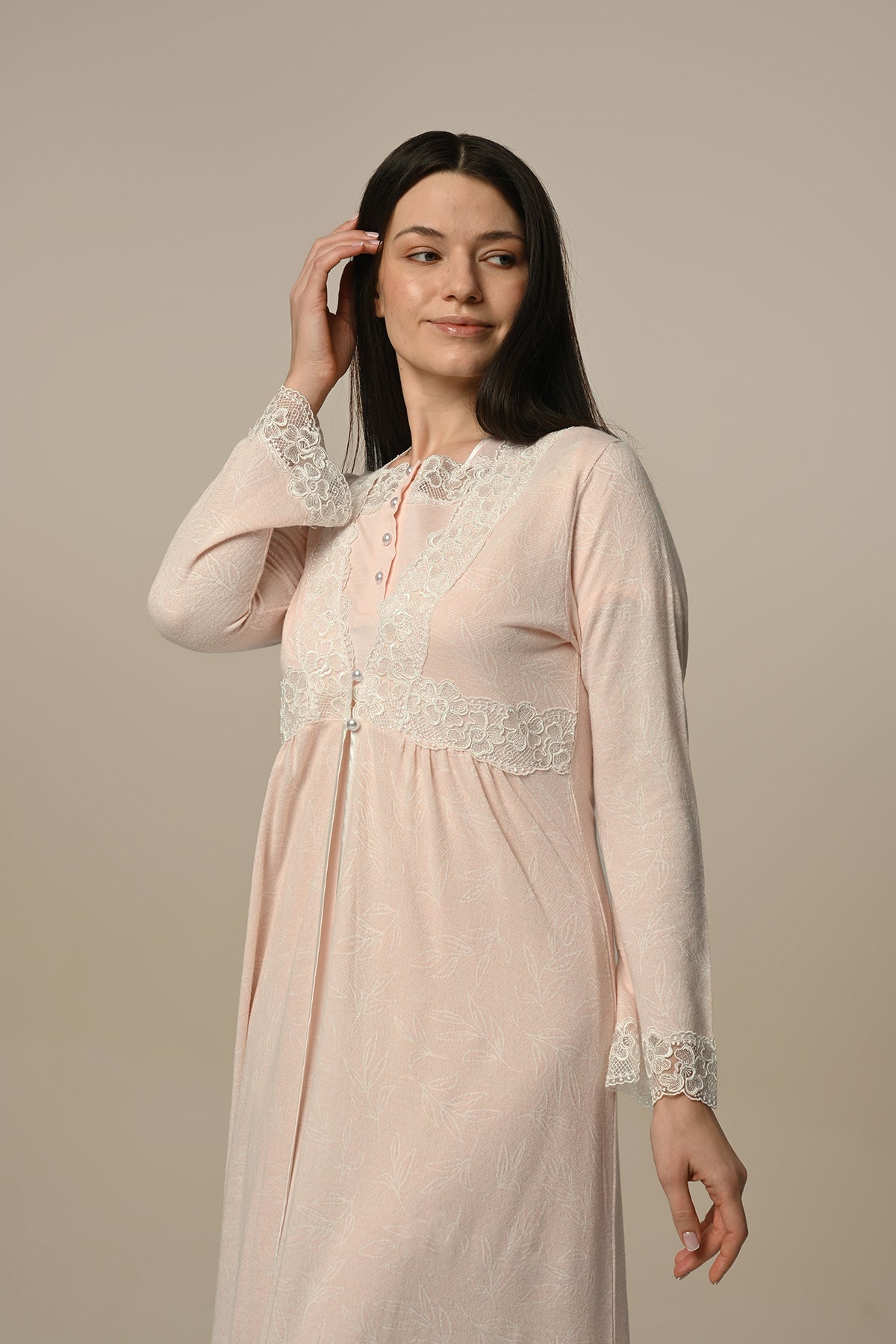 Lace Embroidered Maternity & Nursing Nightgown With Jacquard Robe Powder - 24516