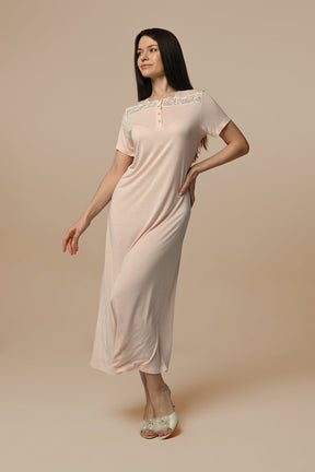 Lace Embroidered Maternity & Nursing Nightgown With Jacquard Robe Powder - 24516