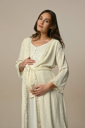 Festoon Maternity & Nursing Nightgown With Robe Ecru - 24517