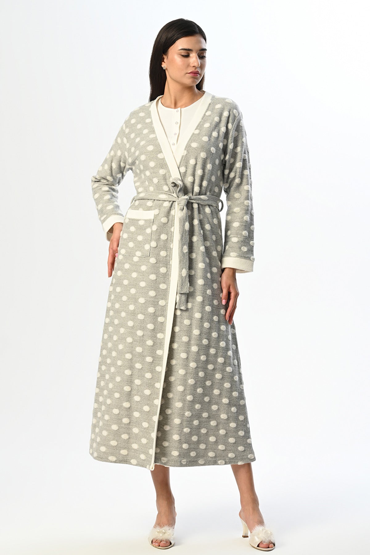 Polka Dot Maternity & Nursing Nightgown With Robe Ecru - 24522