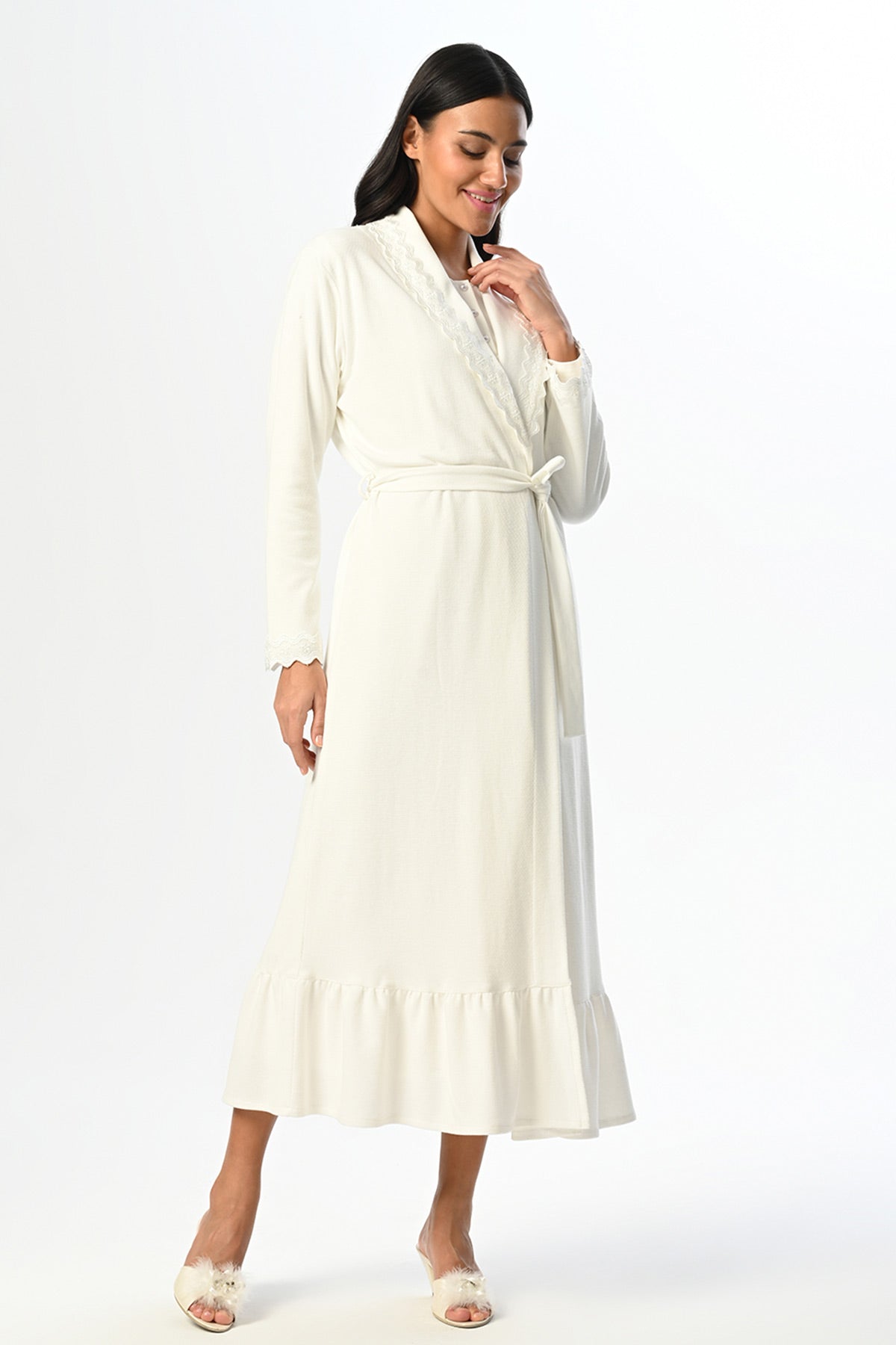 Lacy Maternity & Nursing Nightgown With Robe Ecru - 24523