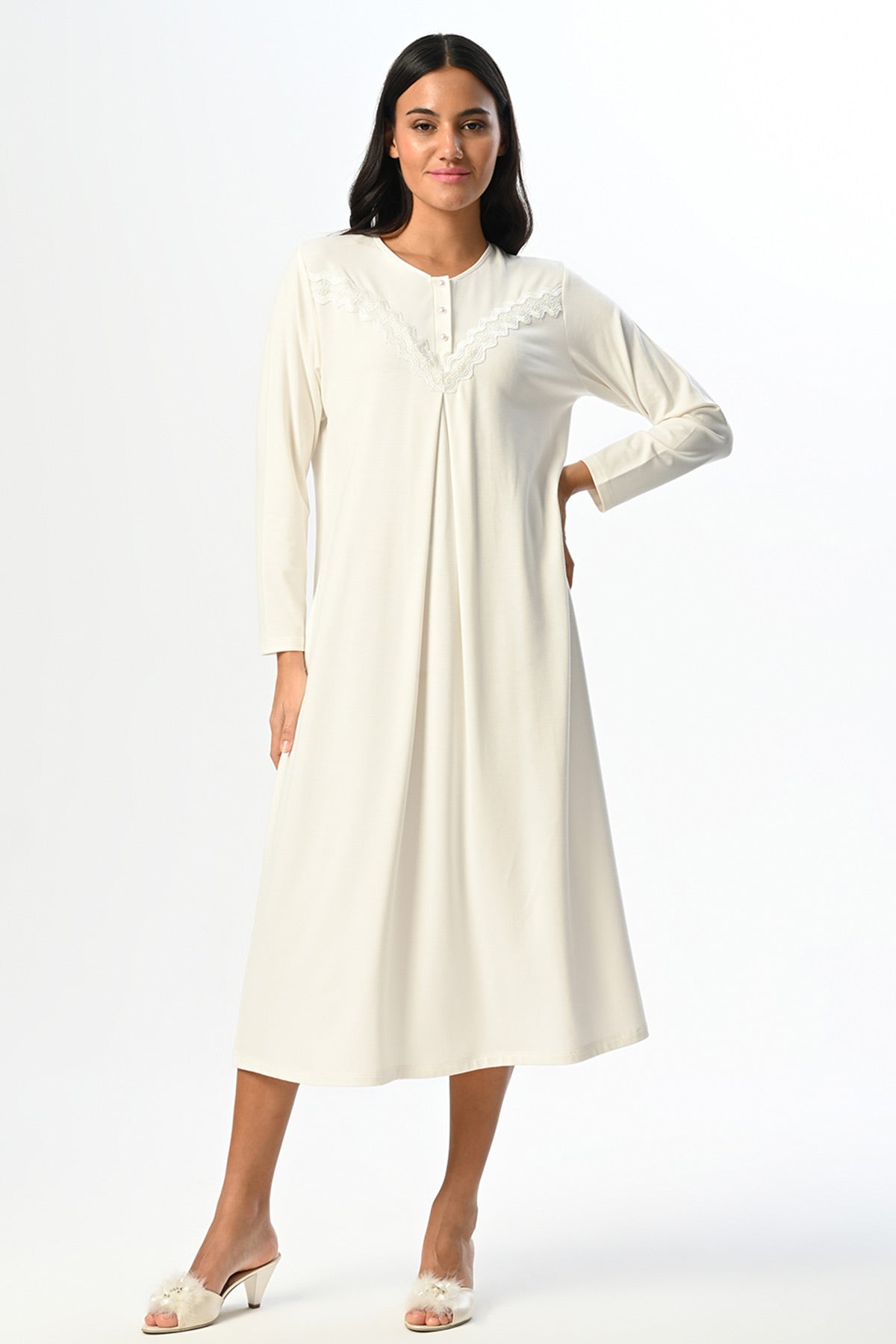 Lacy Maternity & Nursing Nightgown With Robe Ecru - 24523