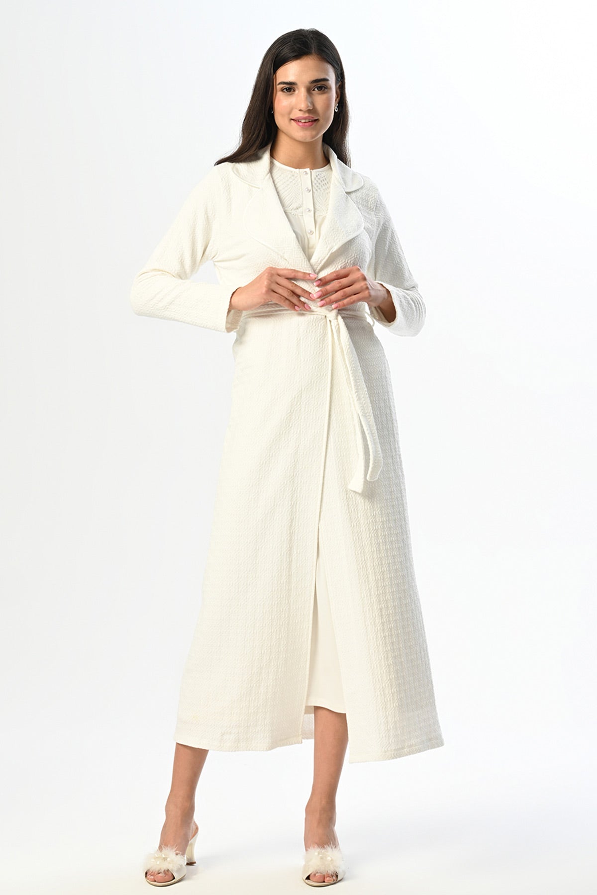 Guipure Collar Maternity & Nursing Nightgown With Jacquard Robe Ecru - 24524