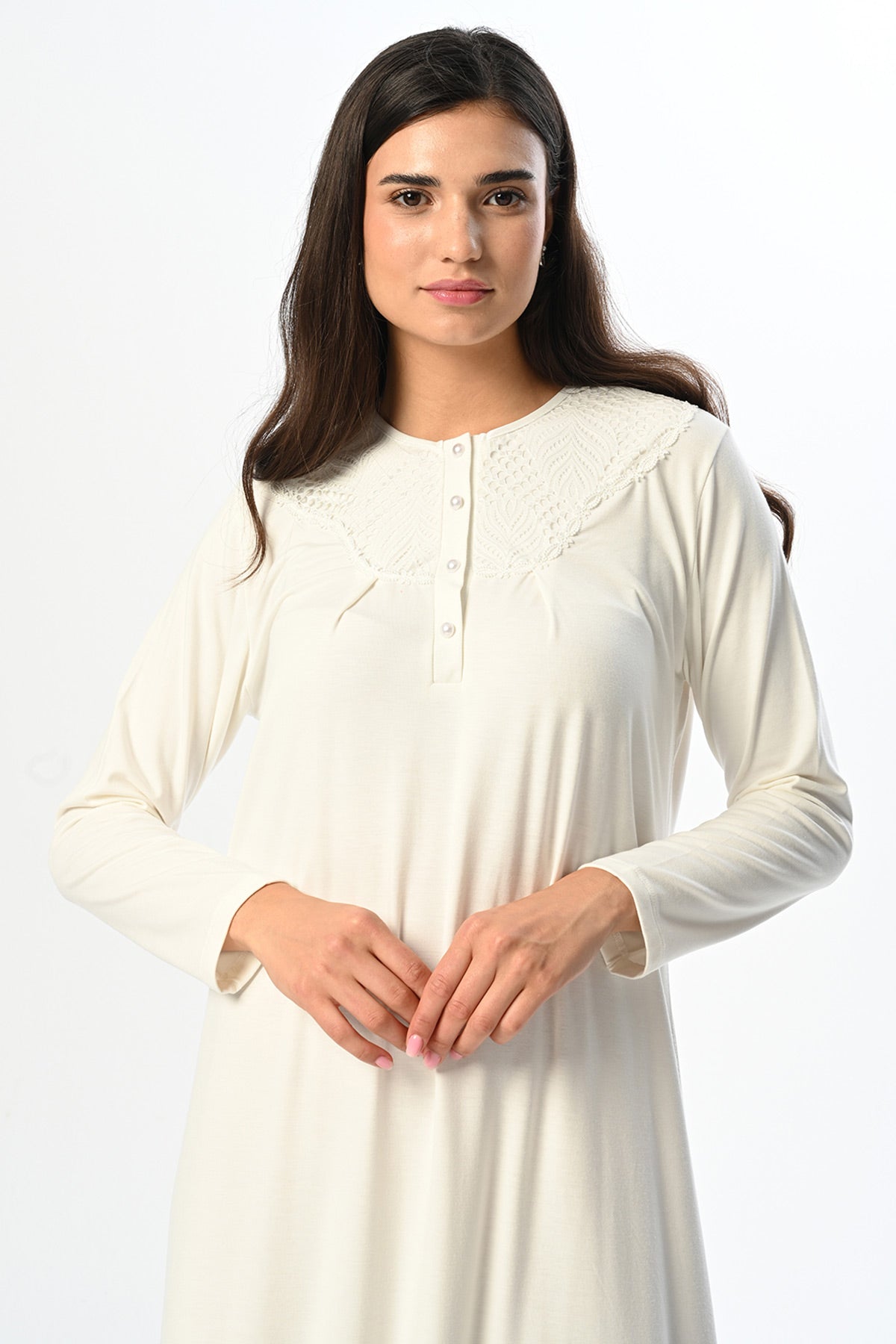 Guipure Collar Maternity & Nursing Nightgown With Jacquard Robe Ecru - 24524