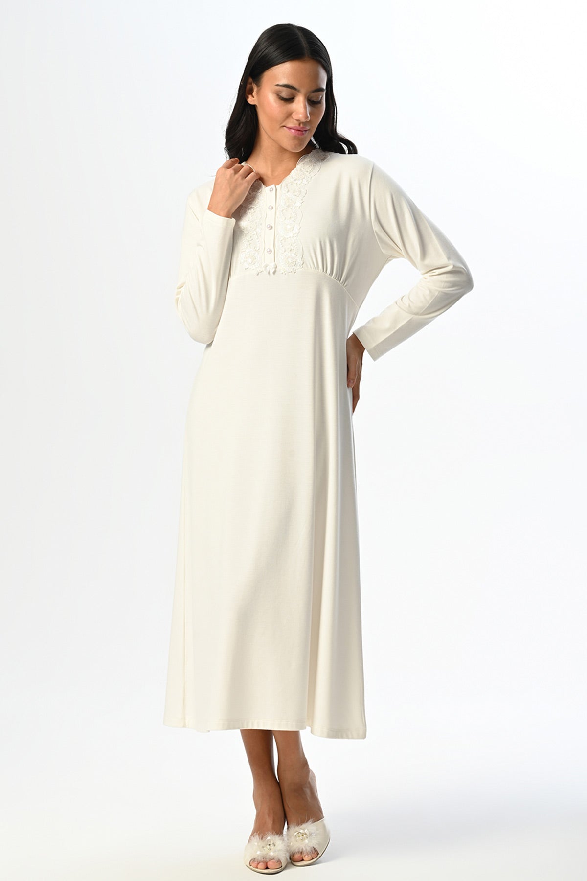 Lacy Edges Maternity & Nursing Nightgown With Robe Ecru - 24525