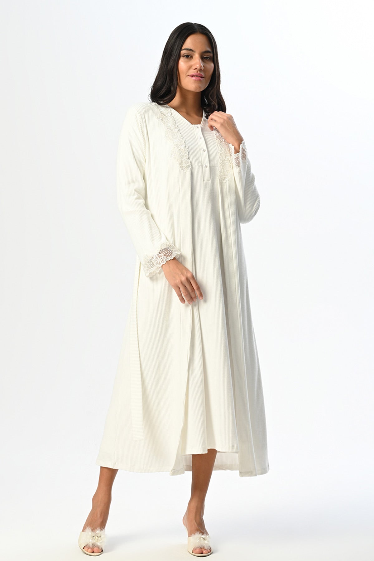 Lace Sleeve Maternity & Nursing Nightgown With Ribbed Robe Ecru - 24526