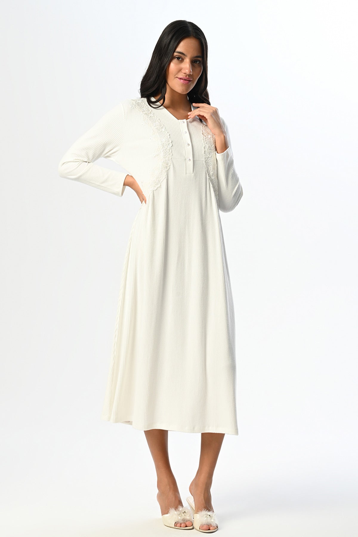 Lace Sleeve Maternity & Nursing Nightgown With Ribbed Robe Ecru - 24526