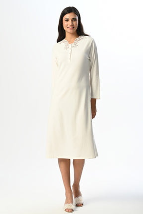 Lace Sleeve And Collar Maternity & Nursing Nightgown With Robe Ecru - 24531