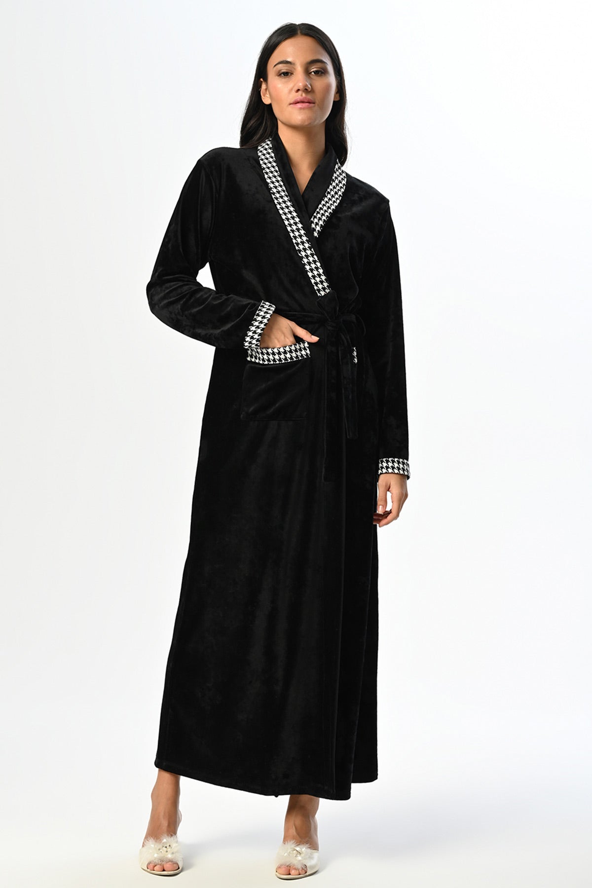 Plaid Pattern Maternity Robe Black - 24603