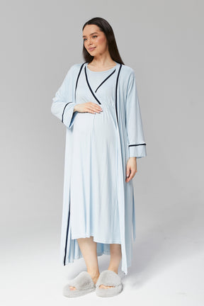 Striped Double Breasted Maternity & Nursing Nightgown With Robe Blue - 506