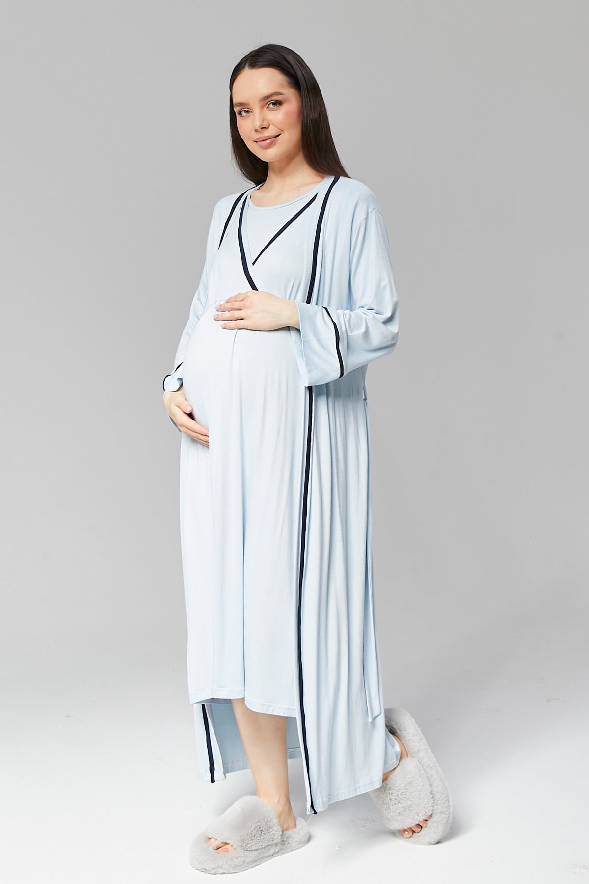 Striped Double Breasted Maternity & Nursing Nightgown With Robe Blue - 506