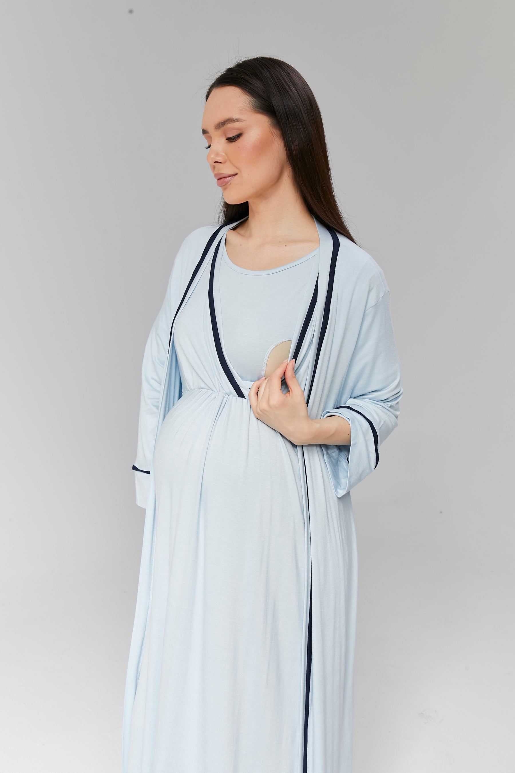 Striped Double Breasted Maternity & Nursing Nightgown With Robe Blue - 506