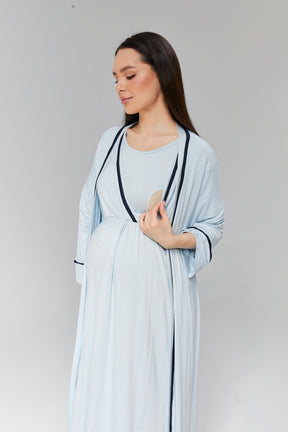 Striped Double Breasted Maternity & Nursing Nightgown With Robe Blue - 506