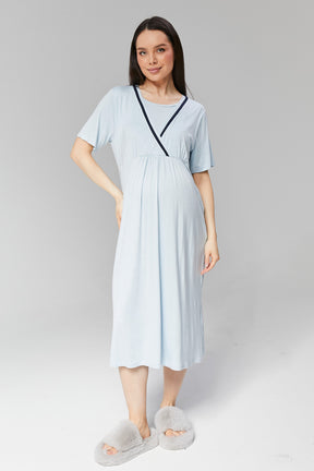 Striped Double Breasted Maternity & Nursing Nightgown With Robe Blue - 506