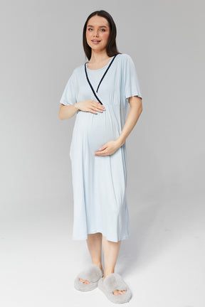 Striped Double Breasted Maternity & Nursing Nightgown With Robe Blue - 506