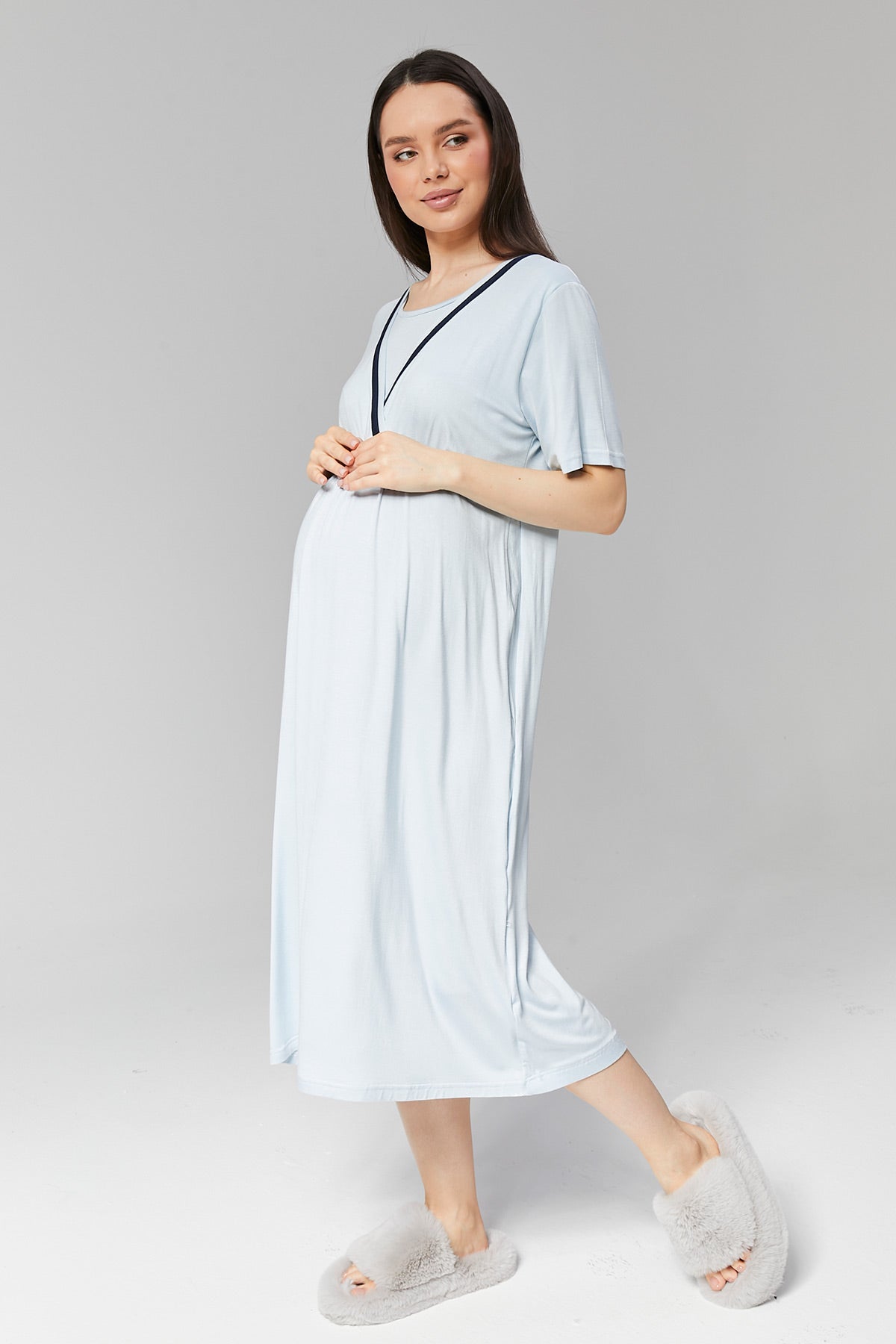 Striped Double Breasted Maternity & Nursing Nightgown With Robe Blue - 506