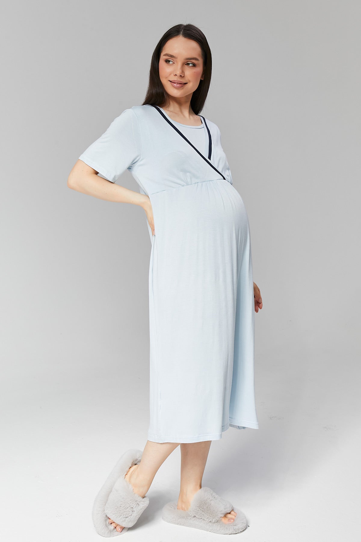 Striped Double Breasted Maternity & Nursing Nightgown With Robe Blue - 506