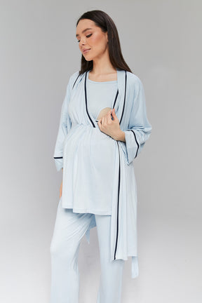 Striped Double Breasted 3-Pieces Maternity & Nursing Pajamas With Robe Blue - 515