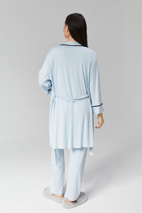 Striped Double Breasted 3-Pieces Maternity & Nursing Pajamas With Robe Blue - 515