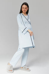 Striped Double Breasted 3-Pieces Maternity & Nursing Pajamas With Robe Blue - 515