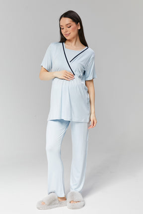 Striped Double Breasted 3-Pieces Maternity & Nursing Pajamas With Robe Blue - 515