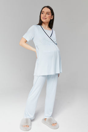 Striped Double Breasted 3-Pieces Maternity & Nursing Pajamas With Robe Blue - 515