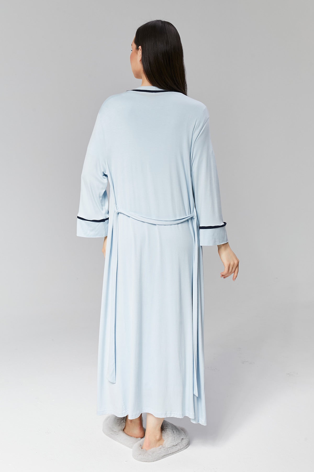 Striped Double Breasted Maternity & Nursing Nightgown With Robe Blue - 506