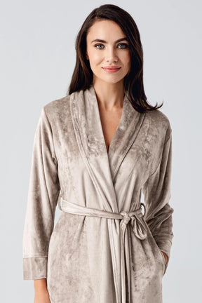 Velvet Long Maternity Robe Beige - 25100