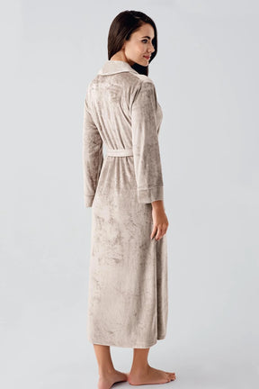 Velvet Long Maternity Robe Beige - 25100