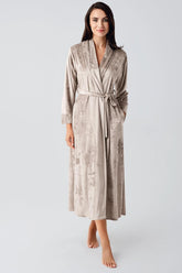 Velvet Long Maternity Robe Beige - 25100