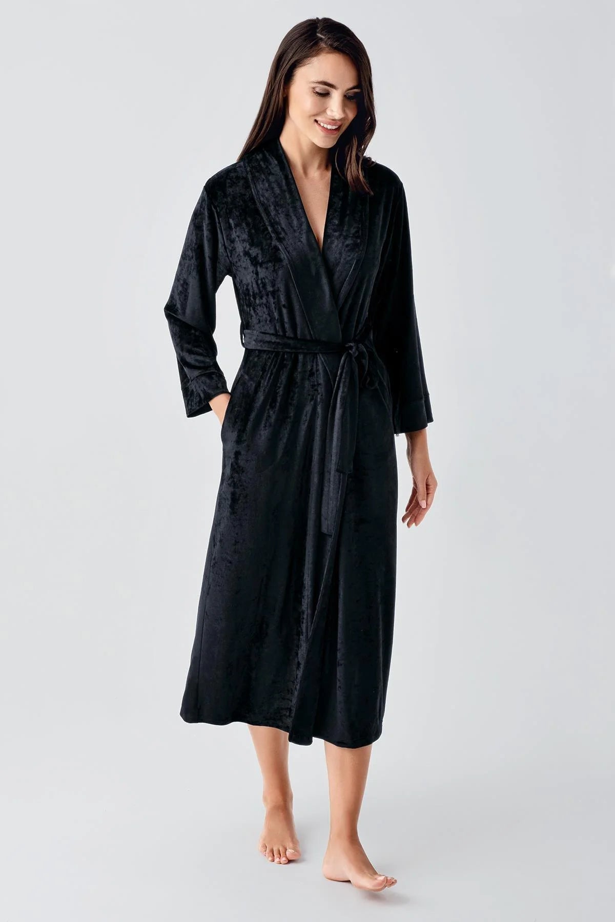 Velvet Long Maternity Robe Black - 25100