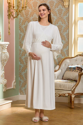 Lace Edge Double Breasted Maternity & Nursing Nightgown Ecru - 25121