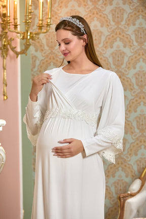 Lace Edge Double Breasted Maternity & Nursing Nightgown Ecru - 25121