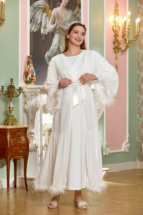 Lace Sleeve Maternity & Nursing Nightgown With Otrish Robe Ecru - 122127