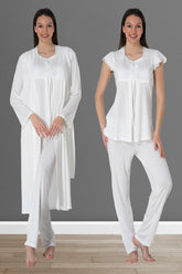 Lacy 3-Pieces Maternity & Nursing Pajamas With Robe Ecru - 2524