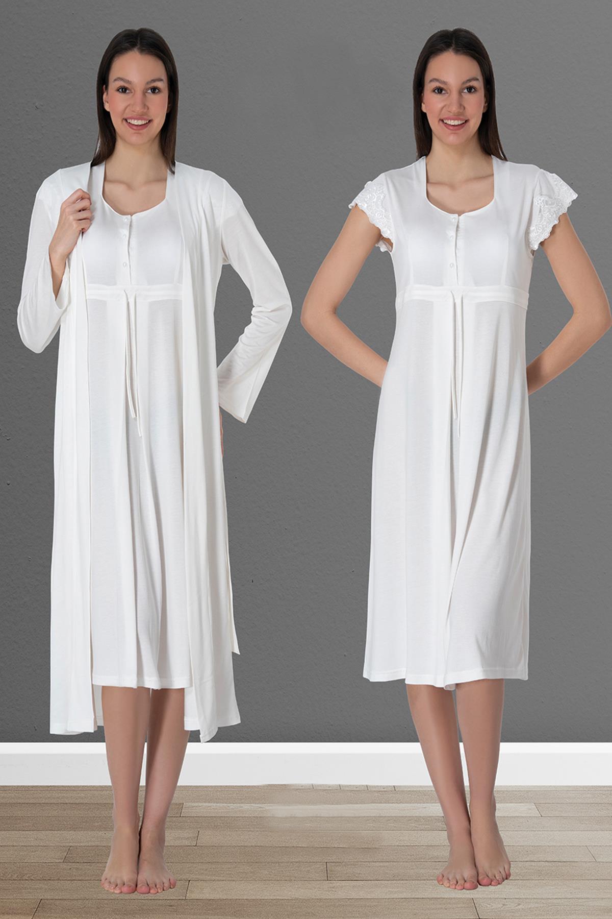 Lacy Maternity & Nursing Nightgown With Robe Ecru - 2525