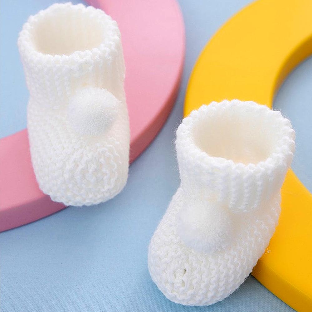 12-Pack Pom-Pom Knit Baby Booties White (0-6 Months) - 253.3000