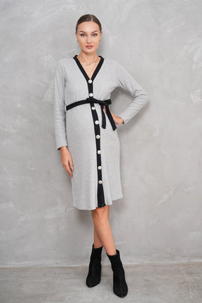 Ribbed V-Neck Cotton Midi Maternity & Nursing Dress Grey - 2629