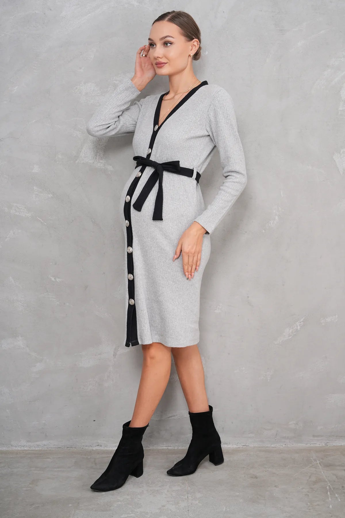 Ribbed V-Neck Cotton Midi Maternity & Nursing Dress Grey - 2629