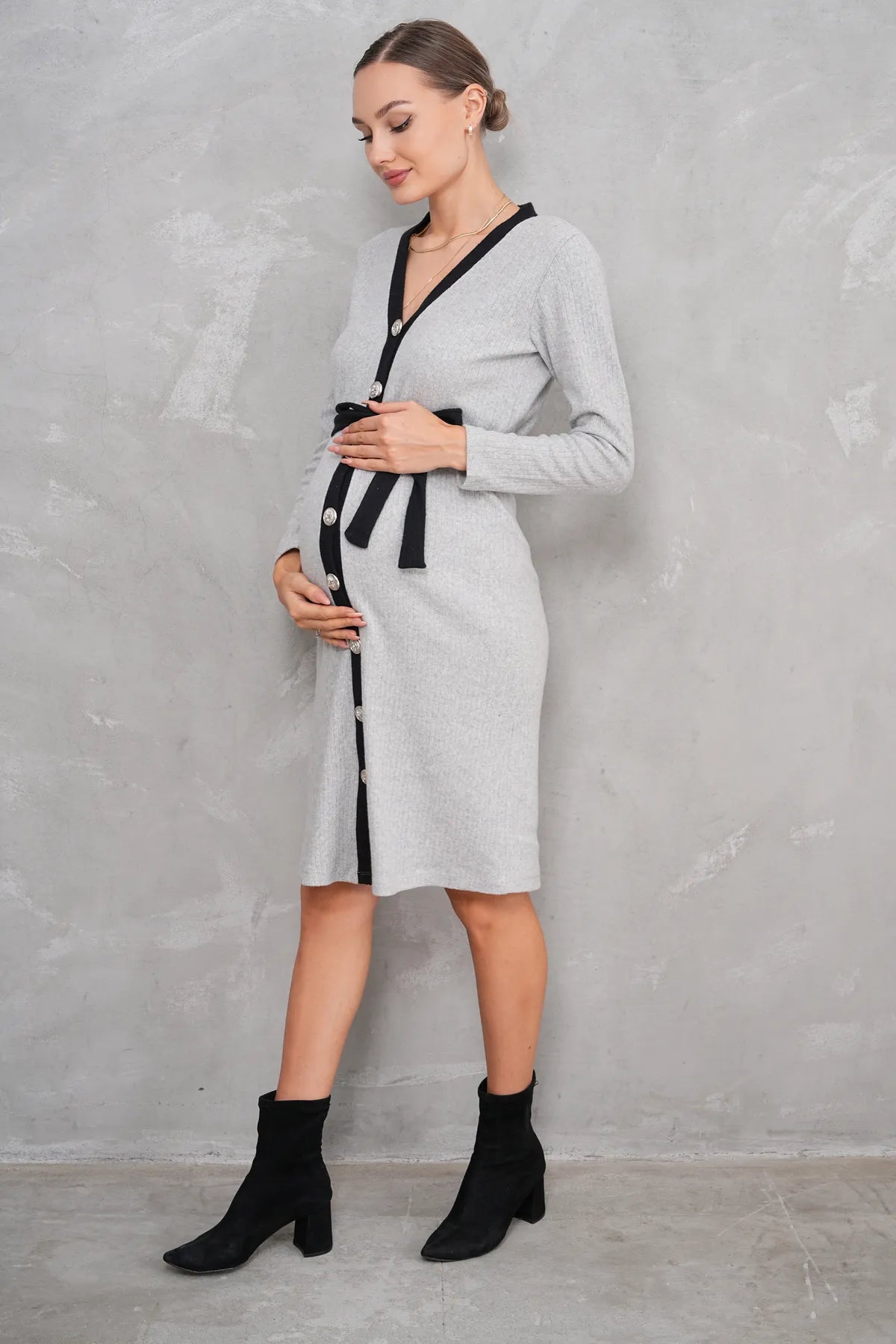 Ribbed V-Neck Cotton Midi Maternity & Nursing Dress Grey - 2629