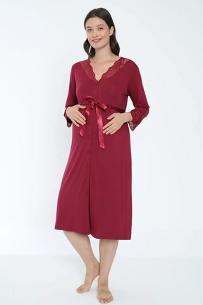 Lace Detailed Maternity & Nursing Nightgown Claret Red - 2631