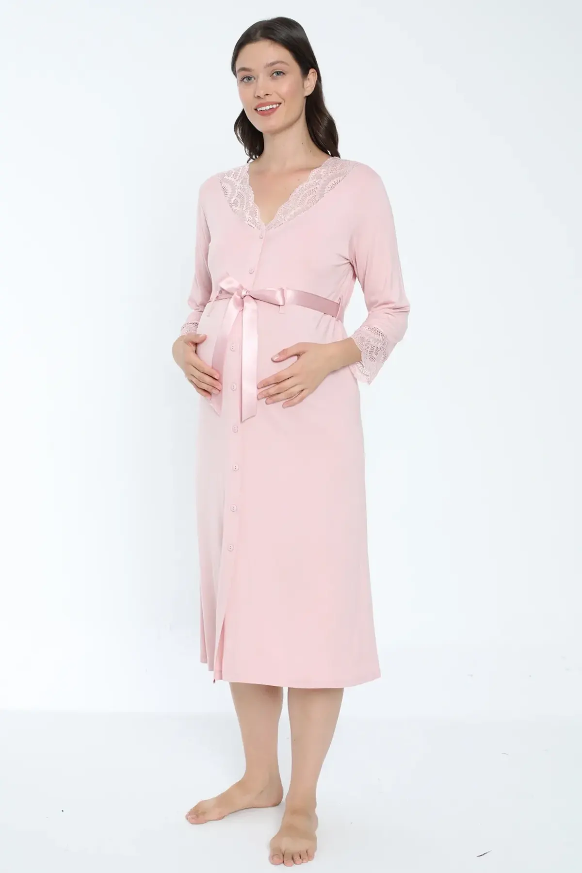 Lace Detailed Maternity & Nursing Nightgown Powder - 2631