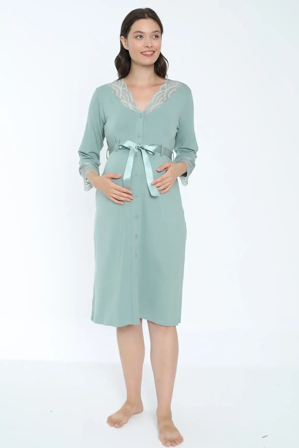 Lace Detailed Maternity & Nursing Nightgown Green - 2631