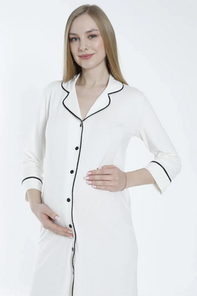 Shirt Collar Maternity & Nursing Nightgown Ecru - 2633